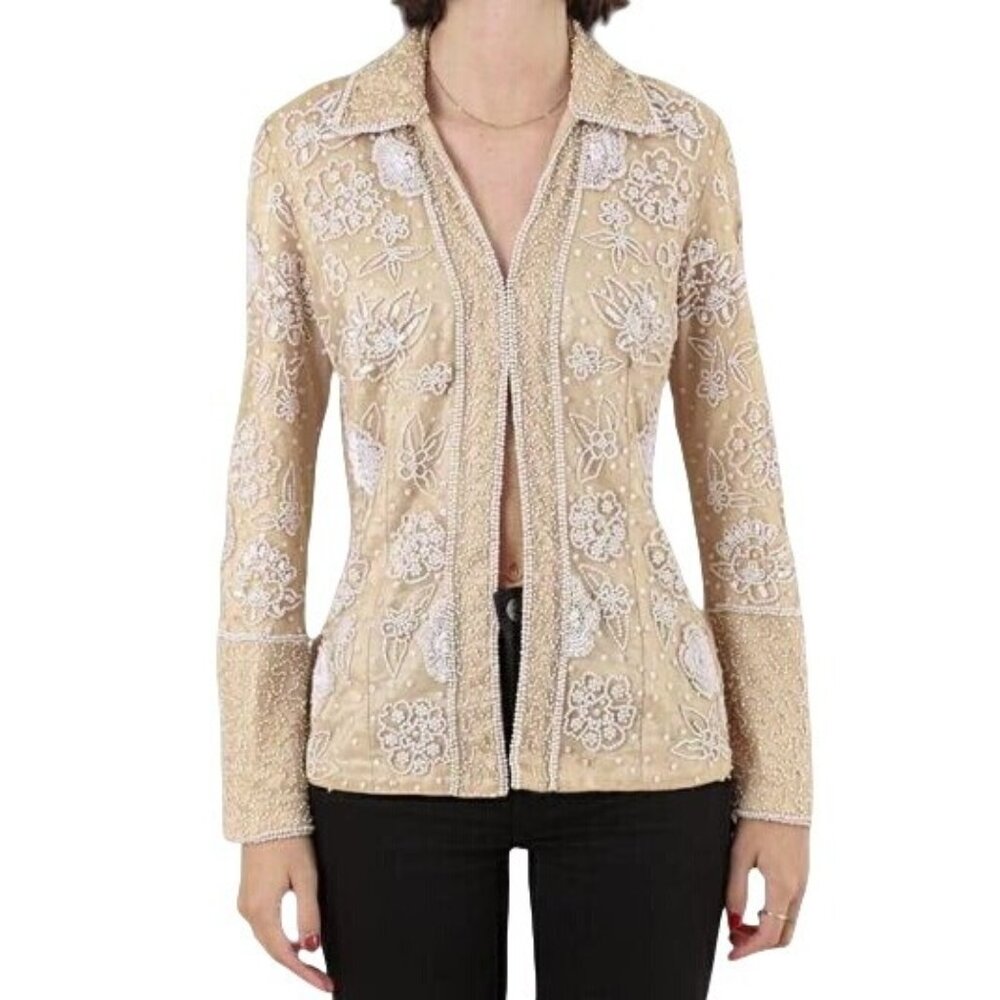 Together Embellished Jacket Womens 10 Beige Elegant Chic Granny Boho Y2K Formal
